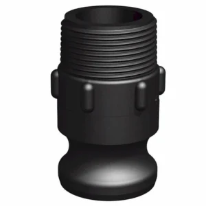 En Camlock Hane x Utvändig gänga 1 1/4" (kopia) rörkoppling i svart plast med gängad ovansida och slät undersida, avsedd för anslutning av slangar eller rör i VVS- eller industrimiljöer.