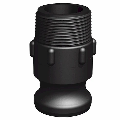 En Camlock Hane x Utvändig gänga 1 1/4" (kopia) rörkoppling i svart plast med gängad ovansida och slät undersida, avsedd för anslutning av slangar eller rör i VVS- eller industrimiljöer.