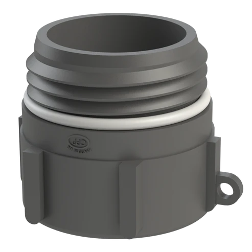 En närbild av en grå Fatadapter S64x5 utv. med invändig gänga 2", med en vit ring nära toppen och en liten monteringsflik på sidan.