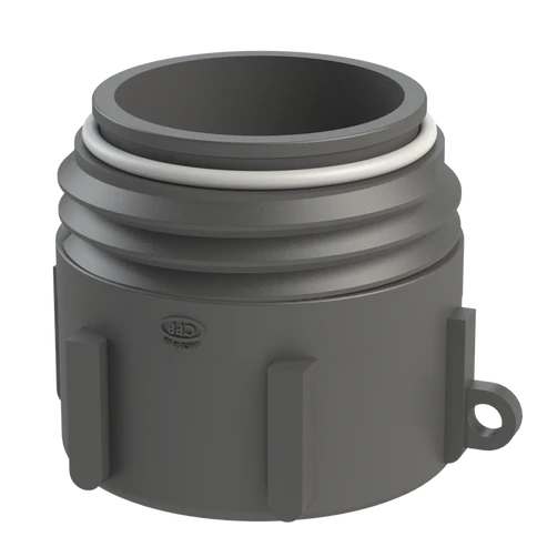 En grå cylindrisk Fatadapter S70x6 utv. med invändig gänga 2" plaströrskoppling med yttre åsar, en vit ring nära toppen och en liten sidoflik med ett hål för att säkra eller ansluta rör.