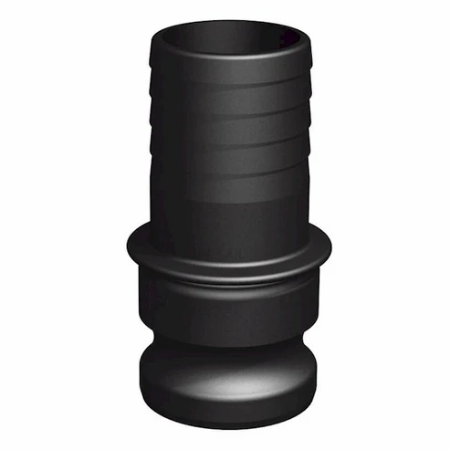 En Camlock Hane med slanganslutning 2" i svart plast med räfflad topp, utsvängd mitt och slät bred bas, utformad för säker sammanfogning av slangar eller rör.