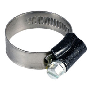 Närbild av Slangklämma, en slangklämma av metall med snäckväxel, slitsat band och åtdragningsskruv, mot en vit bakgrund.