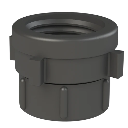 En IBC-adapter S60x6 med invändig gänga 2" i svart plast med en gängad, rund, räfflad kropp och två rektangulära sidoflikar, avsedd för VVS- eller bevattningsanslutningar; fungerar även som skyddslock för S100x8-kopplingar.