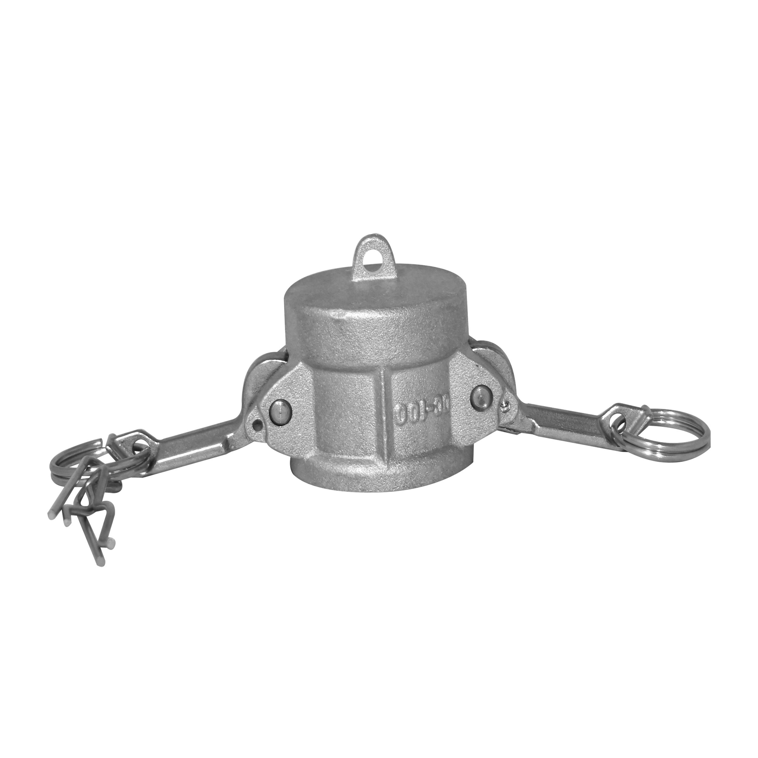 Camlock Hona 1 1/4" - Lock är ett metalliskt dammskydd med två utåtriktade låsarmar, säkrade med trådringar och säkerhetsnålar, utformat för att täta och skydda rör- eller slangkopplingar.