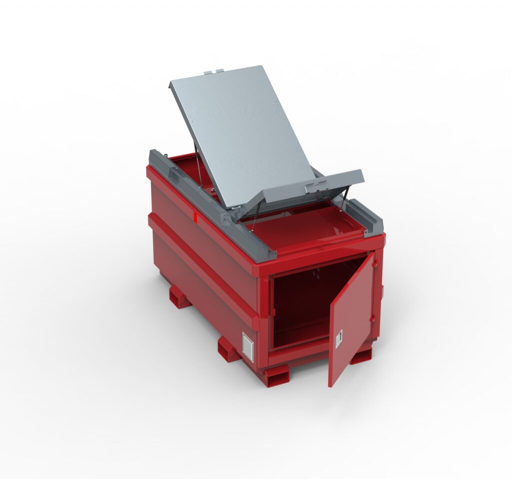 EnergyTender + KD 995L är en röd industribehållare med grått öppet lock och öppen sidodörr, som visas tom mot en vit bakgrund, avsedd för förvaring eller avfallshantering.