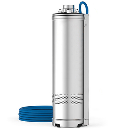 Universalpump Pedrollo 5″ UP är en dränkbar vattenpump i rostfritt stål med en cylindrisk kropp, ventilationshål nära basen och en blå spiralkabel på toppen - vilket garanterar effektiv och tillförlitlig vattenavledning.