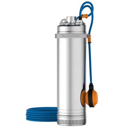 Universalpump med nivåvippa är en dränkbar vattenpump i metall med blå strömkabel och orange flottörbrytare, som står upprätt med den upprullade kabeln prydligt bredvid sig.