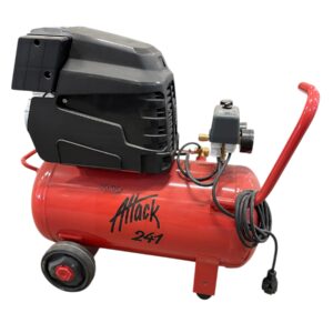 En röd Kompressor Attack 241 2HK portabel luftkompressor med svart motor, hjul, handtag och ansluten nätsladd, isolerad på en vit bakgrund.