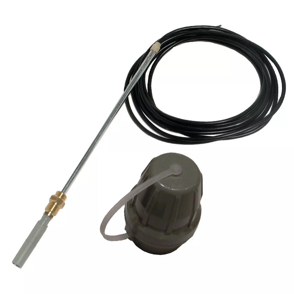 Termistorgivare R3 ink kontakt visas med en lång svart kabel och grå skyddskåpa i plast bredvid, idealisk för användning med Överfyllnadsskydd Vinklat, visas mot en vit bakgrund.