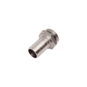 En Slangfäste 1″ BSP - 19 mm slangkoppling i metall har en gängad sexkantsmutter i ena änden och ett räfflat munstycke i den andra, perfekt för att ansluta slangar till rördelar. Objektet visas mot en svart bakgrund.