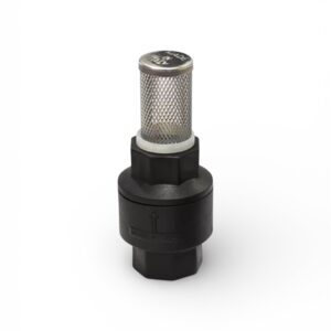 PP backventil med sil 3/4" är ett svart luftningsfilter av plast och metallnät med cylindrisk kropp och sexkantig bas, utformat för industriell eller hydraulisk användning, mot en vit bakgrund.