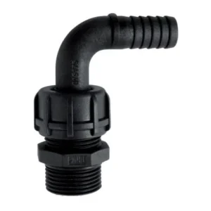 Slanganslutning 90° D.19 1" BSP är ett svart plaströr med ett matchande rör, med en 1" BSP 90° anslutning för säkra och effektiva anslutningar.