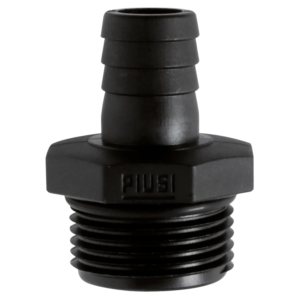 En svart plastslangkoppling, märkt PIUSI på dess sexkantsdel, utformad som Slanganslutning hane 1" x D.20 med gängad bas och räfflad anslutning.