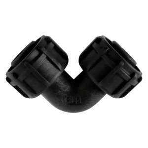 En svart rörkoppling i plast, Vinkel 90° hona 1", med två gängade ändar och en 90-graders böj, som används för att sammanfoga rör i VVS- eller vätskesystem.