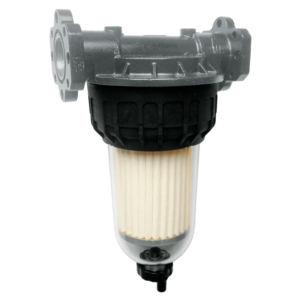 Clear Captor bränslefilterkit 70 l/min är ett svart och transparent cylindriskt bränslefilter med ett veckat papperselement inuti, utformat för att filtrera föroreningar från motorbränsle.