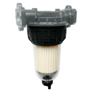 Clear Captor bränslefilterkit 70 l/min är ett svart och transparent cylindriskt bränslefilter med ett veckat papperselement inuti, utformat för att filtrera föroreningar från motorbränsle.