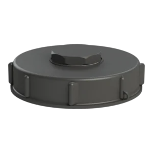 Ett runt, mattsvart IBC påfyllningslock 2" BSP invändigt 150 mm (6") med en sexkantig bult på ovansidan och räfflade kanter, utformat för säkert grepp och enkel borttagning.