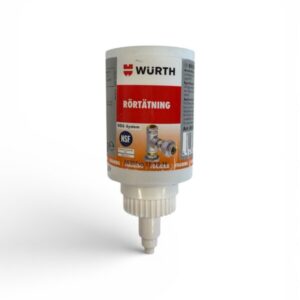 En 50 g flaska Würth Rörtätning rörtätningsmedel har en vit skruvkork, röd och vit branding, bilder på rör, certifieringslogotyper och en hänvisning till Gängtejp på framsidan.