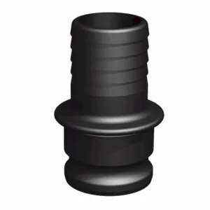 En svart, cylindrisk slangkoppling i plast med en räfflad övre del, en slät mellanring och en bredare bas, utformad som en Camlock-slangkoppling 3" för anslutning och tätning av flexibla slangar.