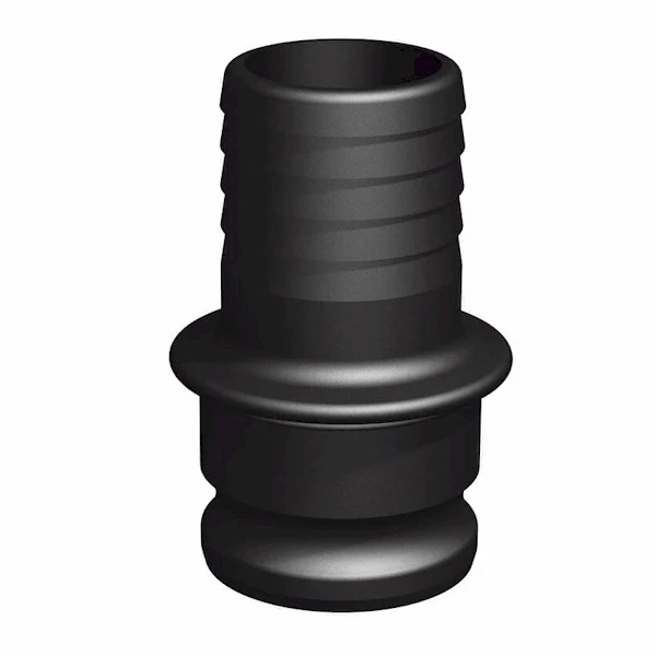 En svart, cylindrisk slangkoppling i plast med en räfflad övre del, en slät mellanring och en bredare bas, utformad som en Camlock-slangkoppling 3" för anslutning och tätning av flexibla slangar.