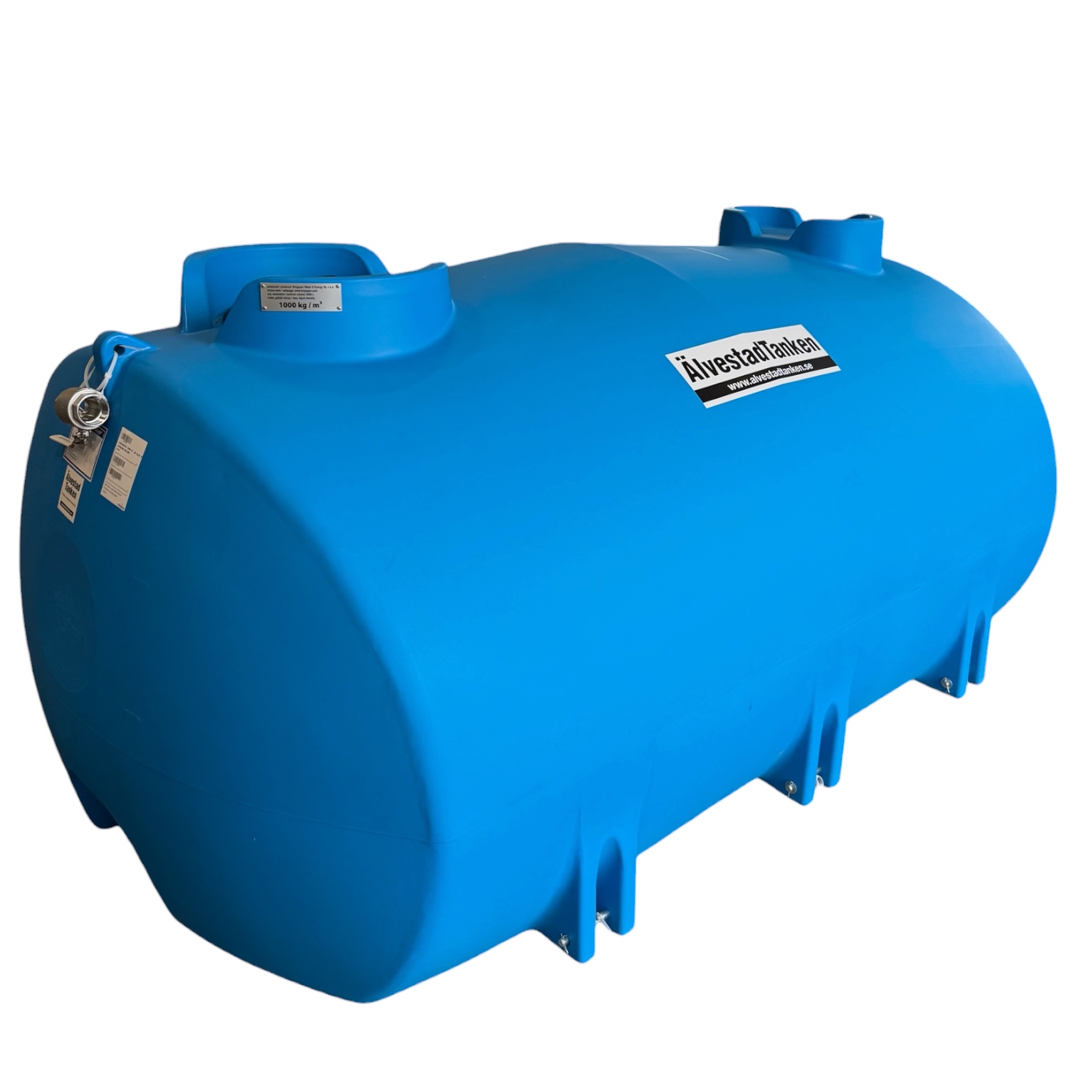 Stor blå, horisontell Aquabank TankMaster-vattentank på 6 000 liter, godkänd för livsmedel, med metalllock och etikett.