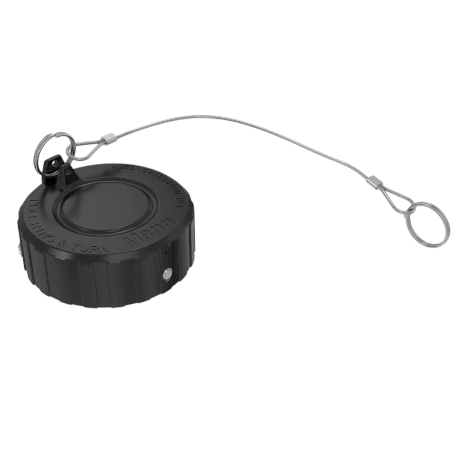 Svart, rund skyddskåpa till TODO-koppling 70 mm, försedd med en säkerhetsvajer och en dragring märkt med texten PULL RING & TURN.