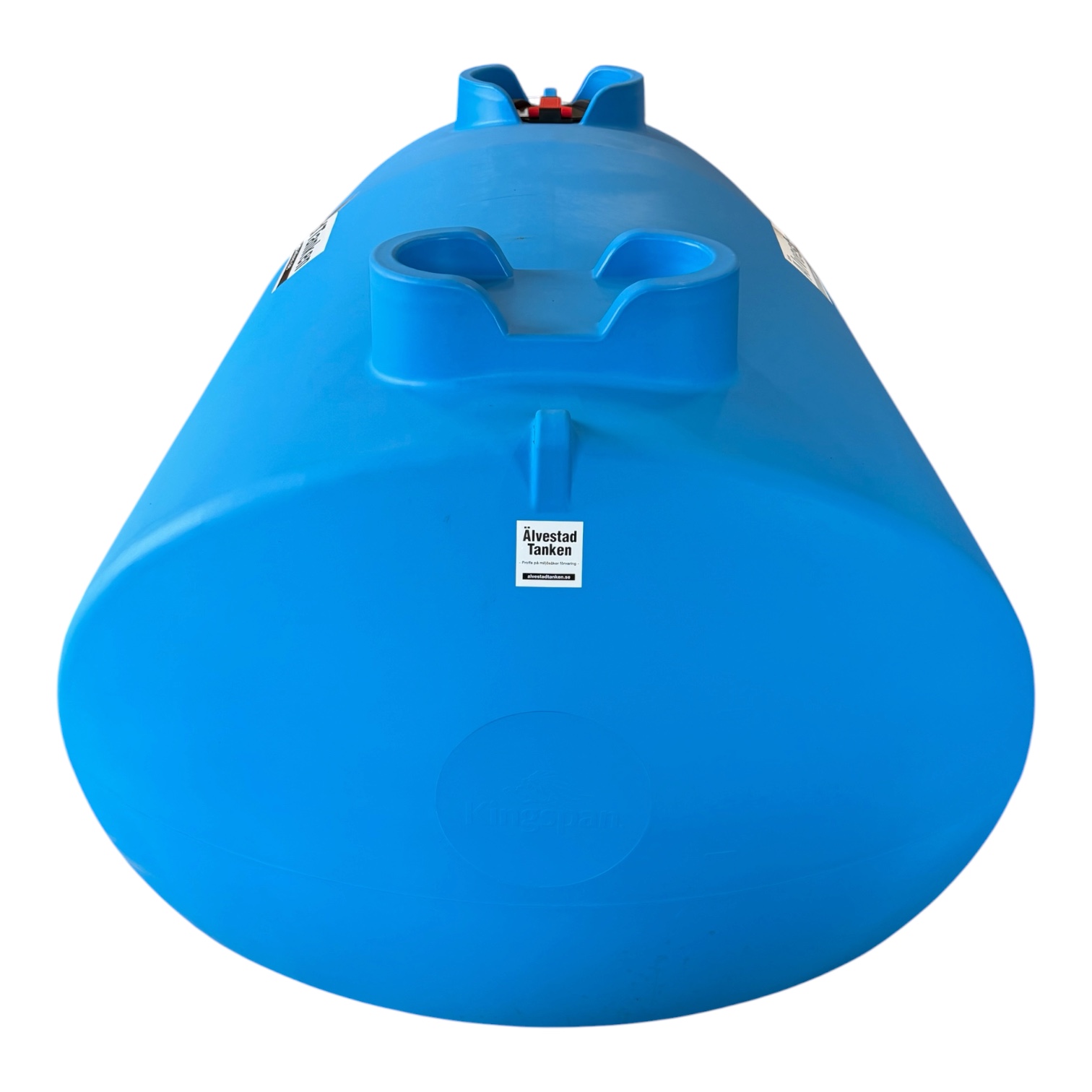 Stor, blå, horisontell Aquabank TankMaster-lagringstank på 6 000 liter, godkänd för livsmedel, med cylindrisk form, två öppningar på ovansidan och en liten informationsetikett på framsidan.